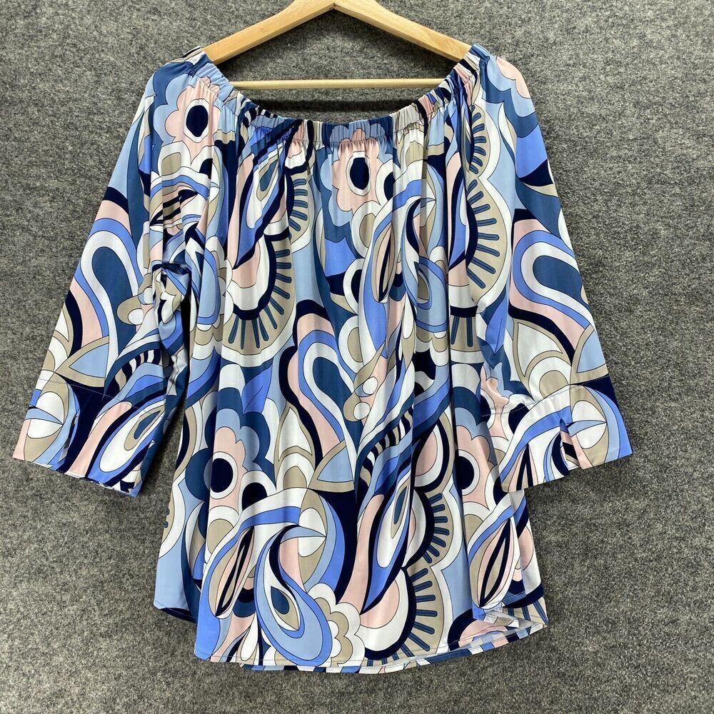 Last Tango Blouse Women XL Blue Floral 3/4 Sleeve Round Neck Pullover Casual